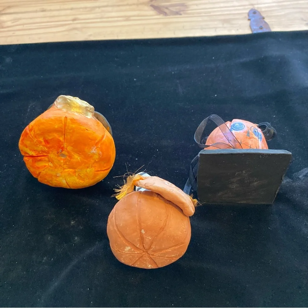 Halloween Three Handmade Folk Art Original Terracotta Ceramic Halloween Pumpkins